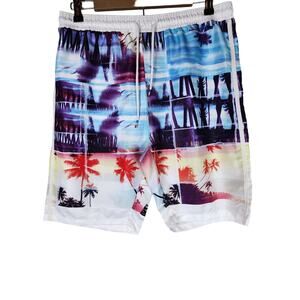 COOFANDY Men's Blue White Orange Beachy Graphic Design Board Swim Shorts SZ 34